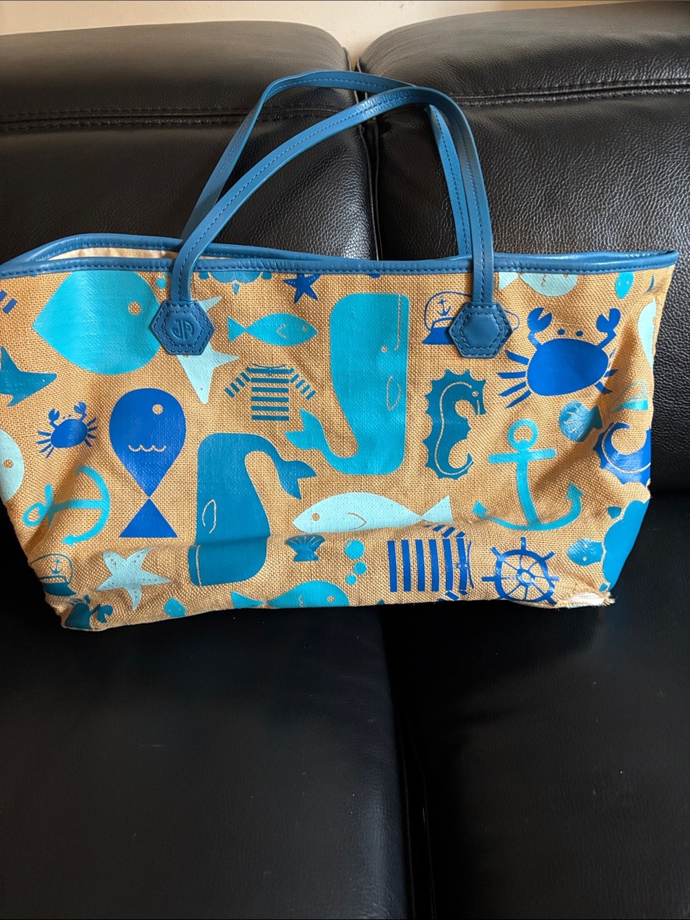 Jonathan Adler Blue and Tan Nautical Print Tote
